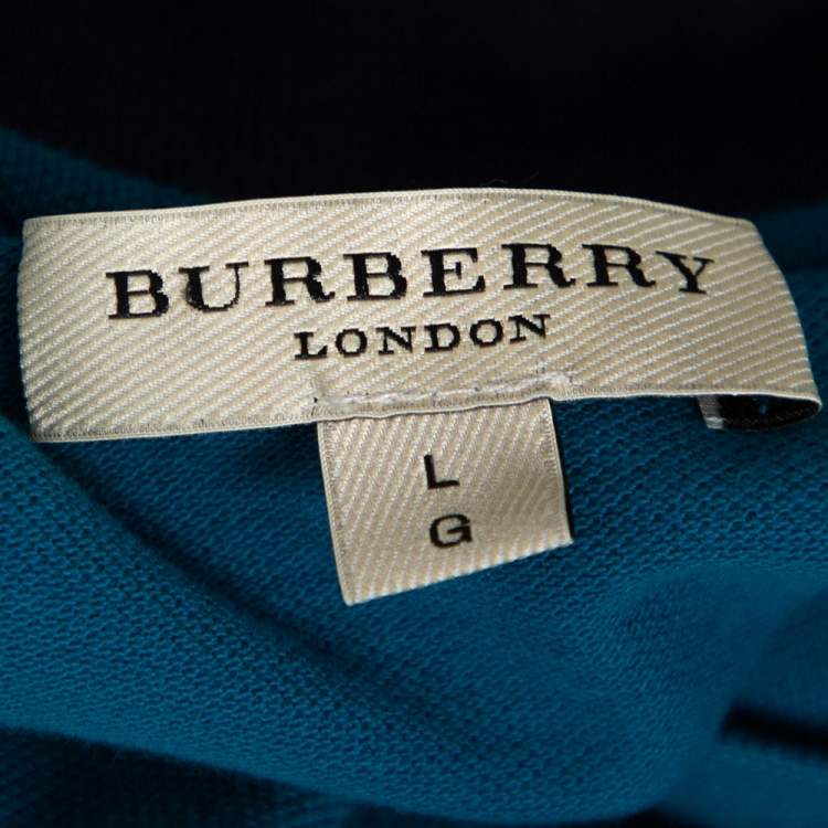 Pre Owned Burberry Teal Cotton Pique Striped Collar Polo T-Shirt L