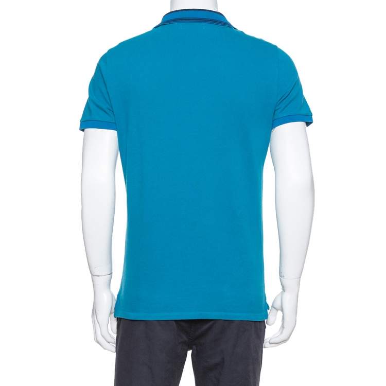Pre Owned Burberry Teal Cotton Pique Striped Collar Polo T-Shirt L