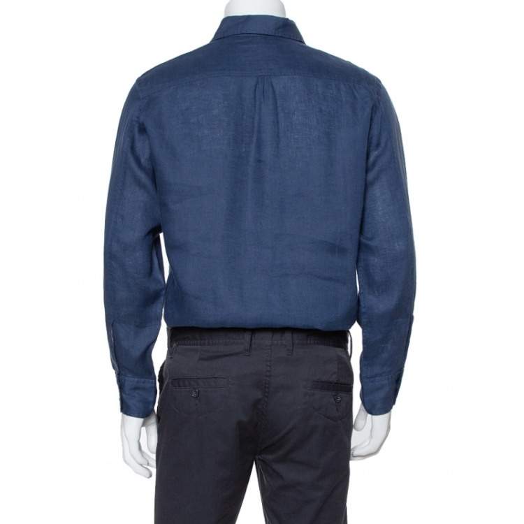 Pre Owned Burberry Navy Blue Linen Bib Detail Tunic Shirt M