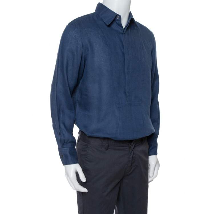 Pre Owned Burberry Navy Blue Linen Bib Detail Tunic Shirt M