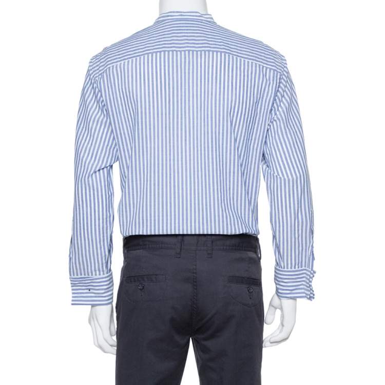 Pre Owned Burberry Blue Striped Cotton Pleat Front Benfleet Double Cuff Shirt L
