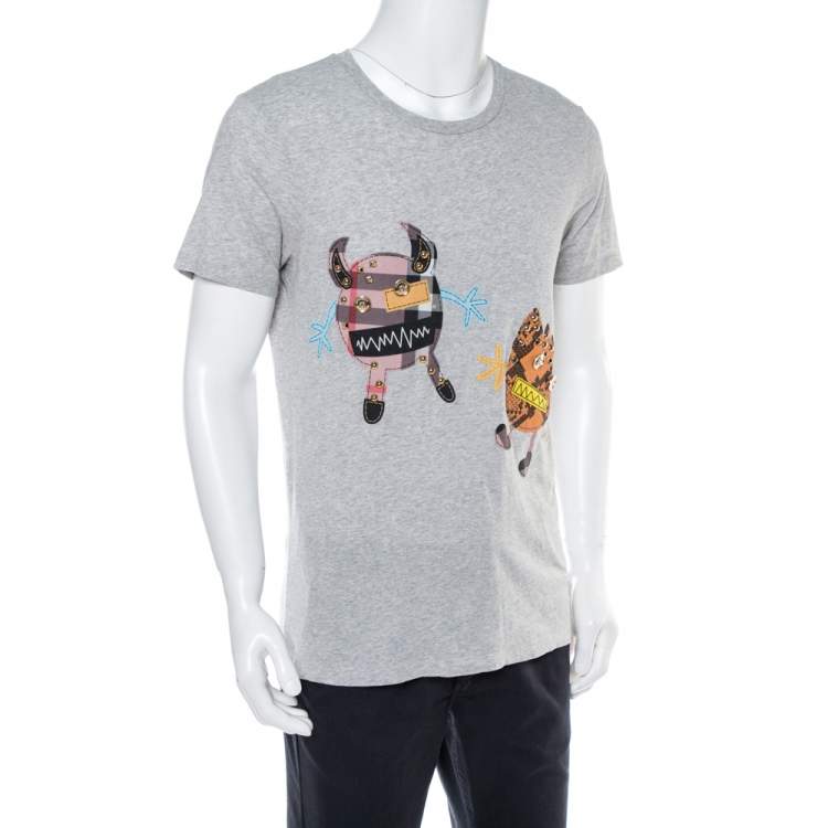 Pre Owned Burberry Grey Melange Cotton Creature Motif Embellished T-Shirt M