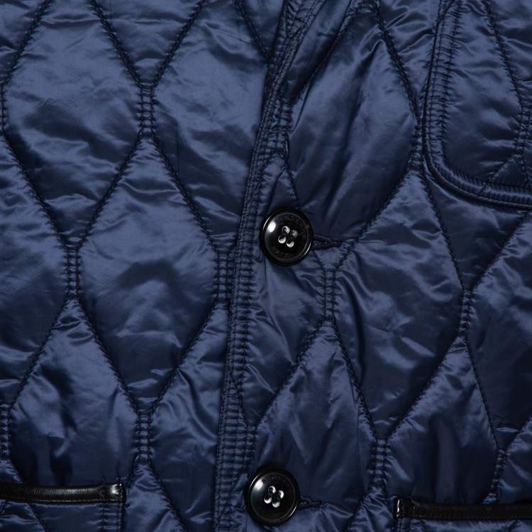 Pre Owned Burberry Brit Navy Blue Leather Trim Detail Quilted Jacket M
