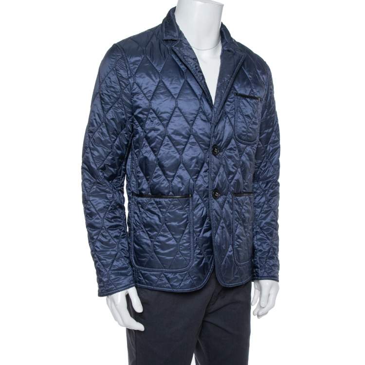 Pre Owned Burberry Brit Navy Blue Leather Trim Detail Quilted Jacket M