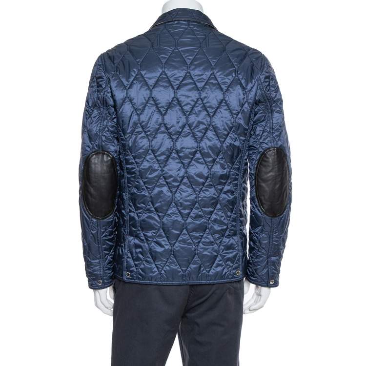 Pre Owned Burberry Brit Navy Blue Leather Trim Detail Quilted Jacket M