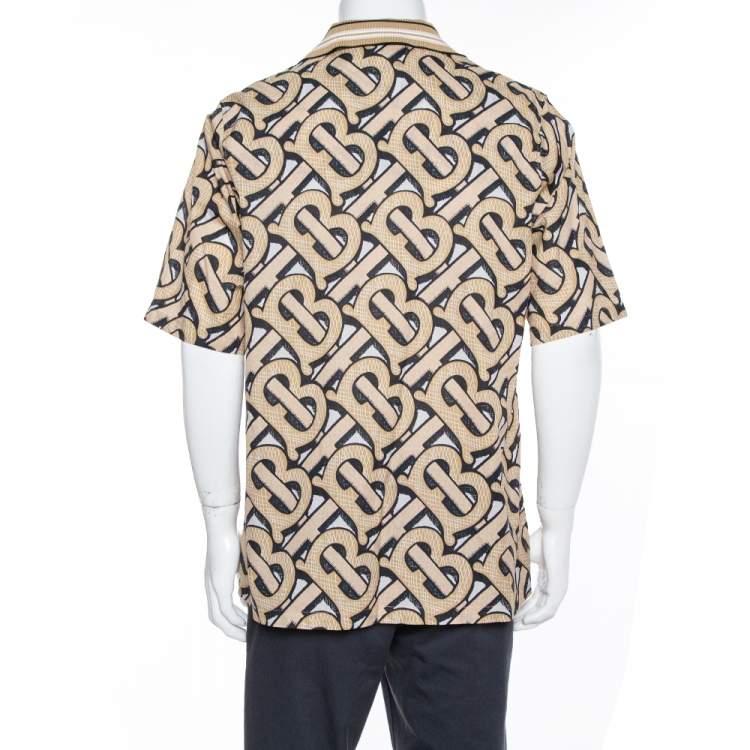 Pre Owned Burberry Brown TB Logo Monogram Cotton & Knit Collar Detail Bowling Shirt L