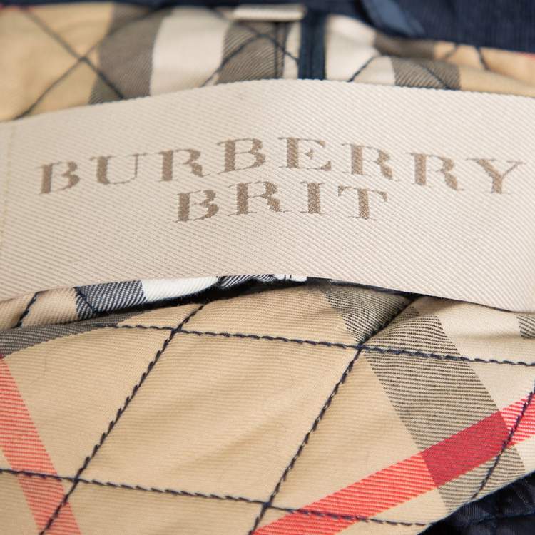 Pre Owned Burberry Brit Navy Blue Synthetic Diamond Quilted Zipper Front Jacket XS
