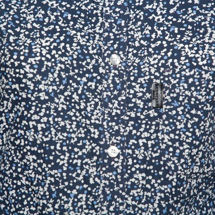 Pre Owned Burberry Brit Navy Blue Printed Cotton Button Front Shirt XS
