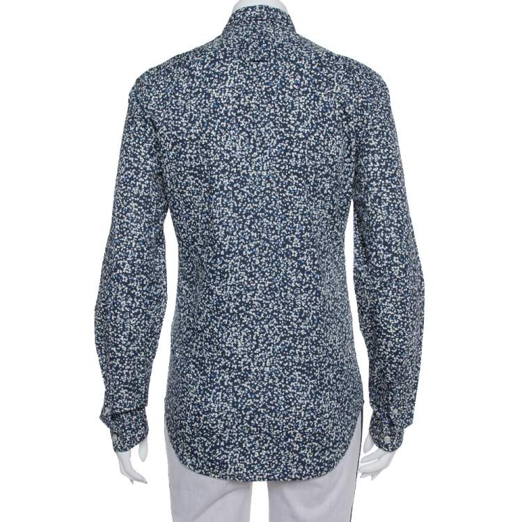 Pre Owned Burberry Brit Navy Blue Printed Cotton Button Front Shirt XS