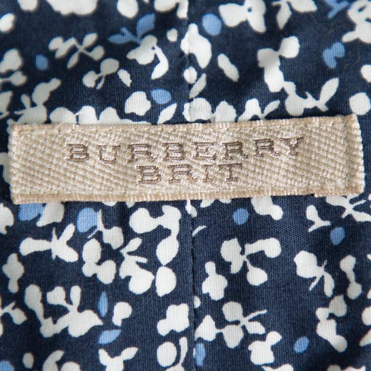 Pre Owned Burberry Brit Navy Blue Printed Cotton Button Front Shirt XS