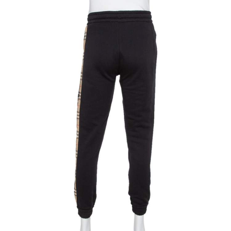 Pre Owned Burberry Black Cotton Vintage Check Logo Side Stripe Detail Joggers XS