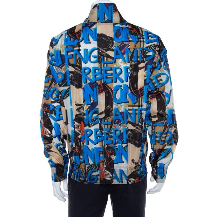 Pre Owned Burberry Blue Graffiti Printed Synthetic Zipper Front Shell Jacket XL