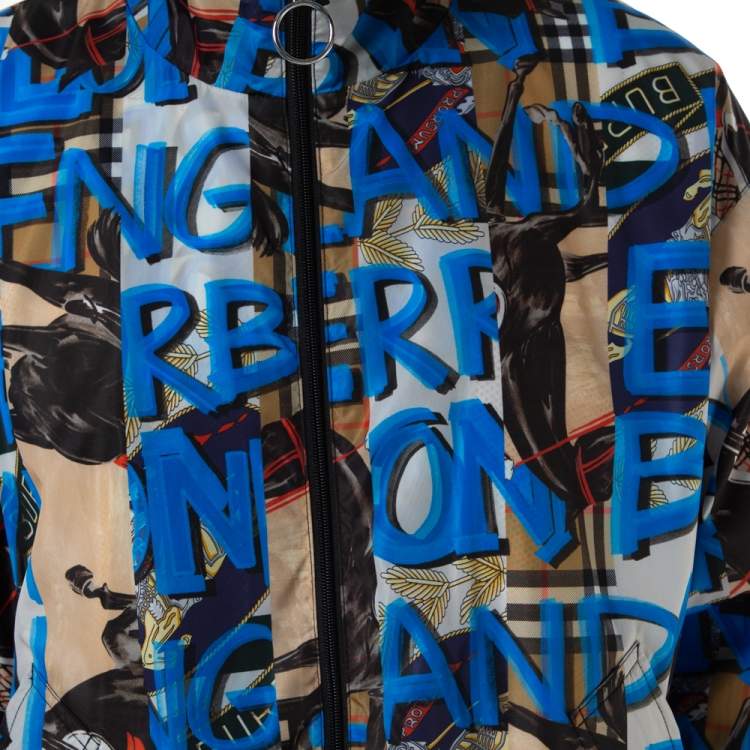 Pre Owned Burberry Blue Graffiti Printed Synthetic Zipper Front Shell Jacket XL