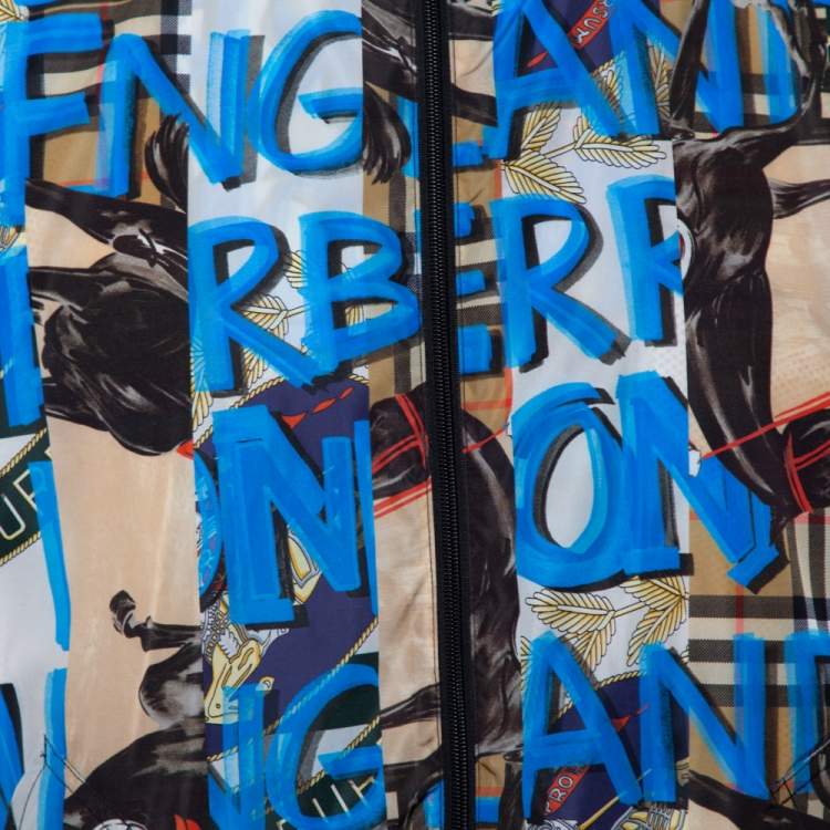 Pre Owned Burberry Blue Graffiti Printed Synthetic Zipper Front Shell Jacket XL