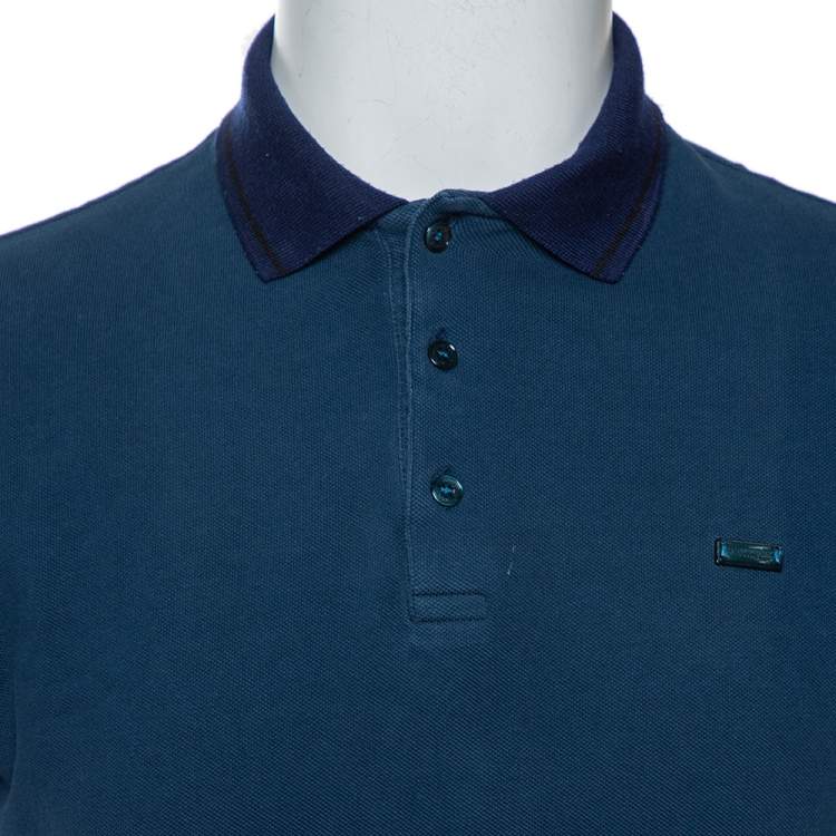 Pre Owned Burberry Deep Teal Blue Cotton Pique Contrast Collar Atkins Polo T-Shirt L