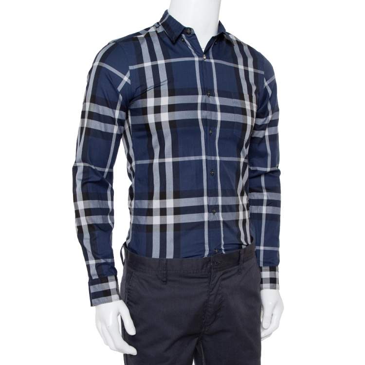 Pre Owned Burberry Brit Navy Blue Checkered Cotton Button Front Shirt XS