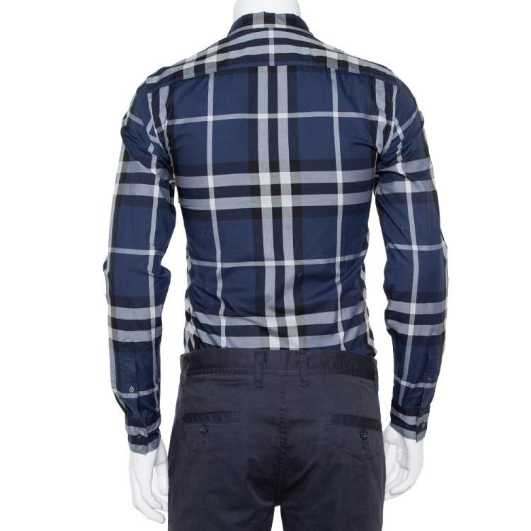 Pre Owned Burberry Brit Navy Blue Checkered Cotton Button Front Shirt XS