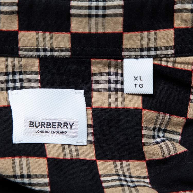 Pre Owned Burberry Black & Beige Checkered Cotton Short Sleeve Shirt XL