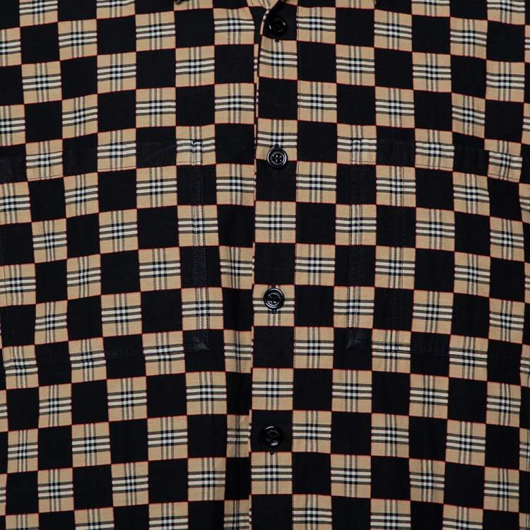 Pre Owned Burberry Black & Beige Checkered Cotton Short Sleeve Shirt XL