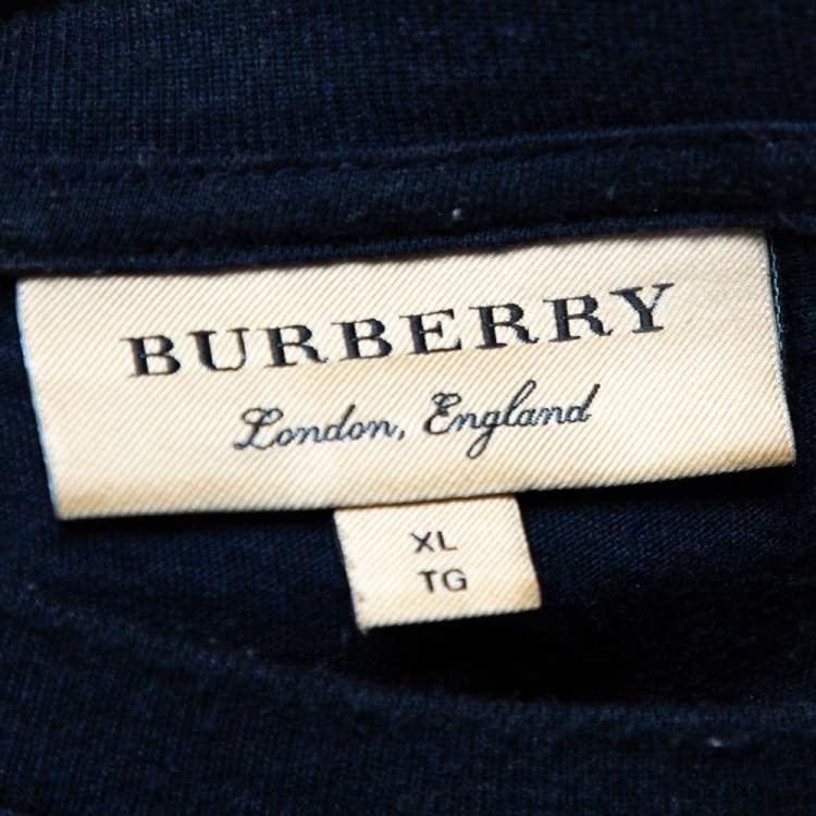 Pre Owned Burberry Navy Blue Cotton Knit Logo Printed Crewneck T-Shirt XL