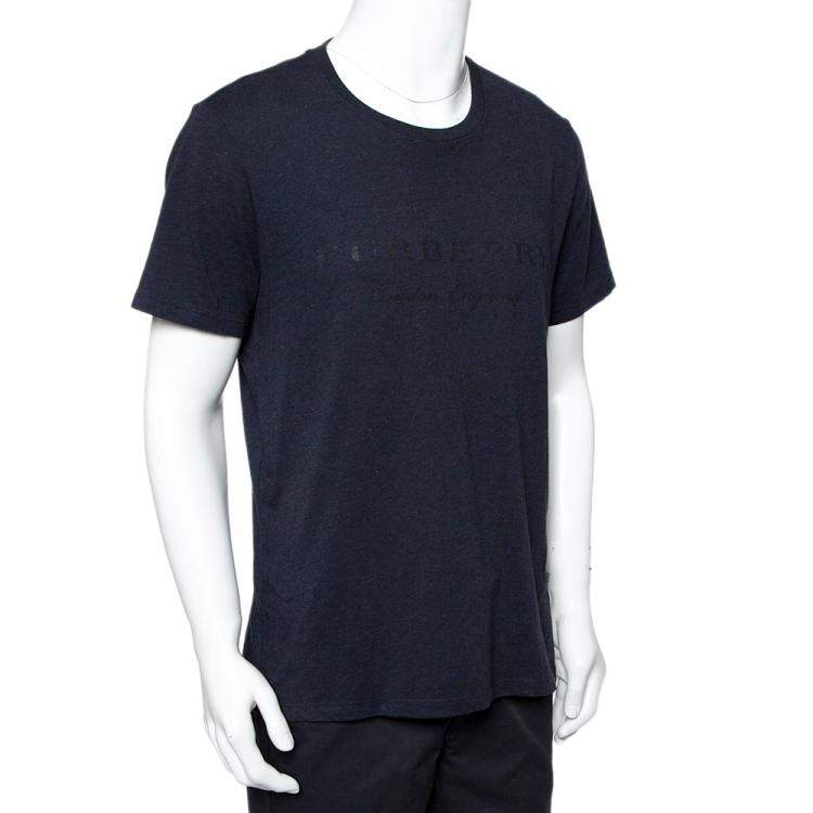 Pre Owned Burberry Navy Blue Cotton Knit Logo Printed Crewneck T-Shirt XL