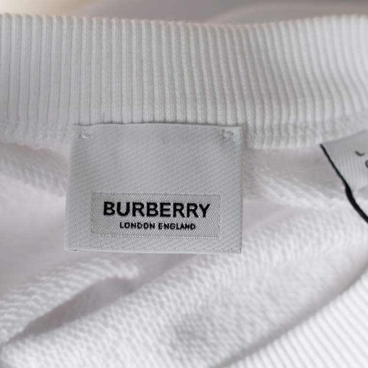 Pre Owned Burberry White Logo Tape Printed Cotton Knit Sweatshirt L 