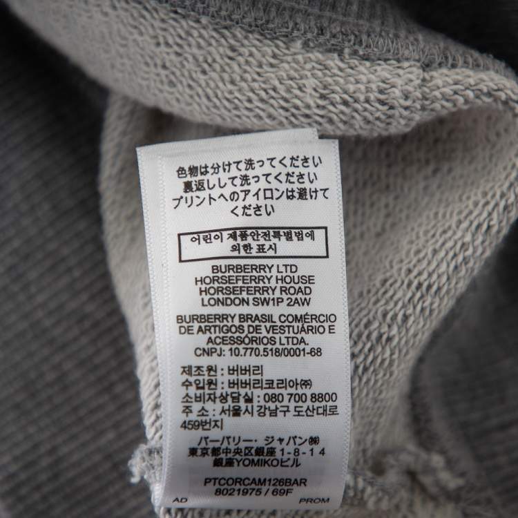Pre Owned Burberry Grey Logo Tape Printed Cotton Knit Hoodie M 