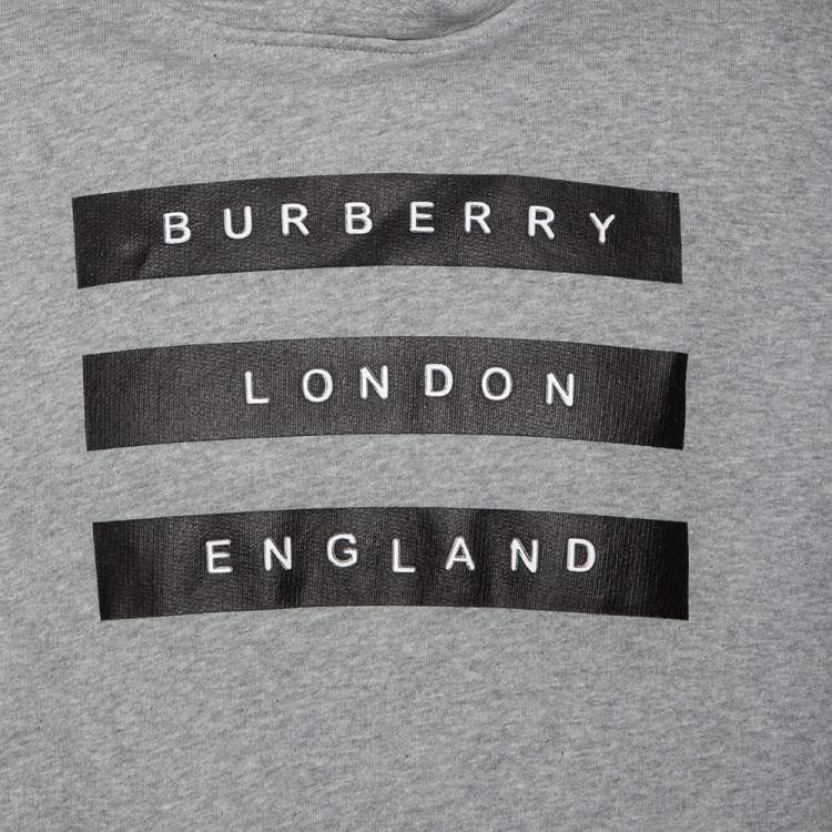 Pre Owned Burberry Grey Logo Tape Printed Cotton Knit Hoodie M 
