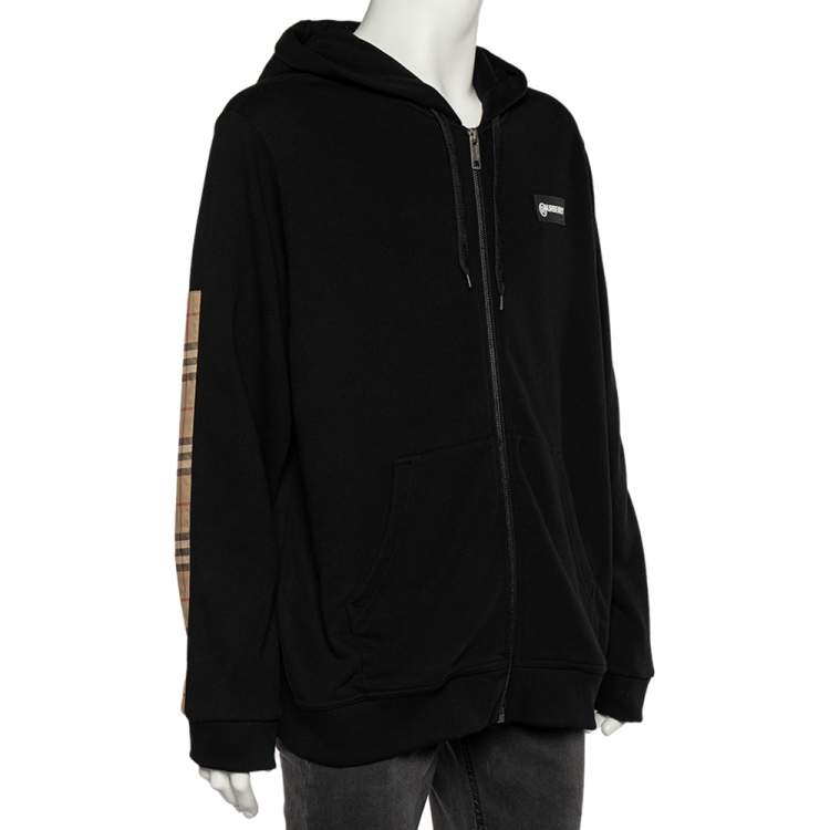 Pre Owned Burberry Black Cotton Logo Check Panel Detail Hooded Sweatshirt XL