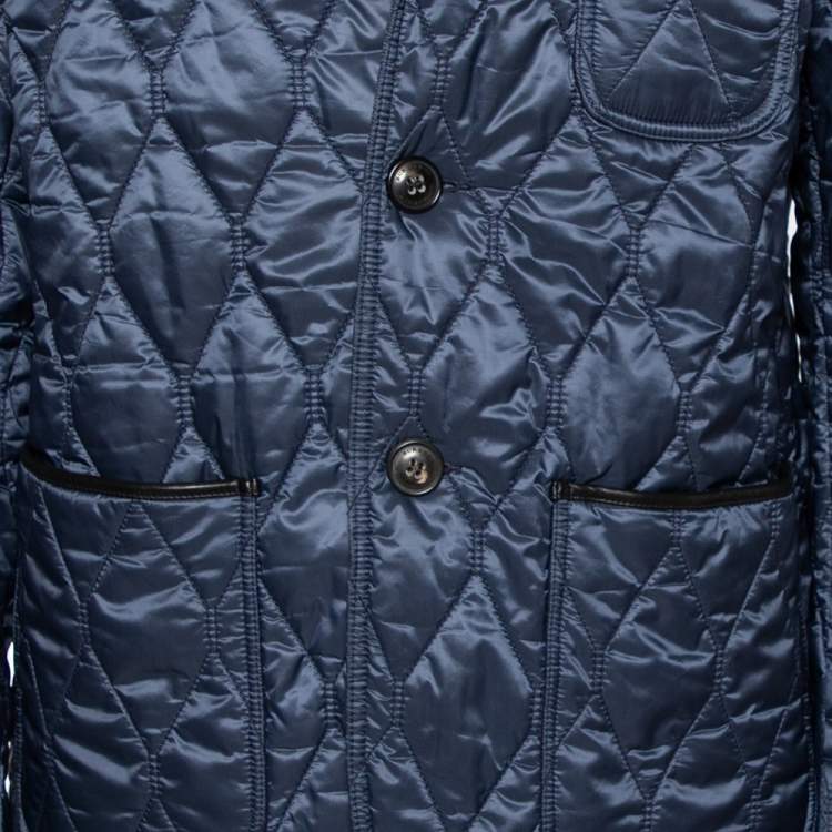 Pre Owned Burberry Navy Blue Synthetic Leather Trim Quilted Gillington Jacket XL