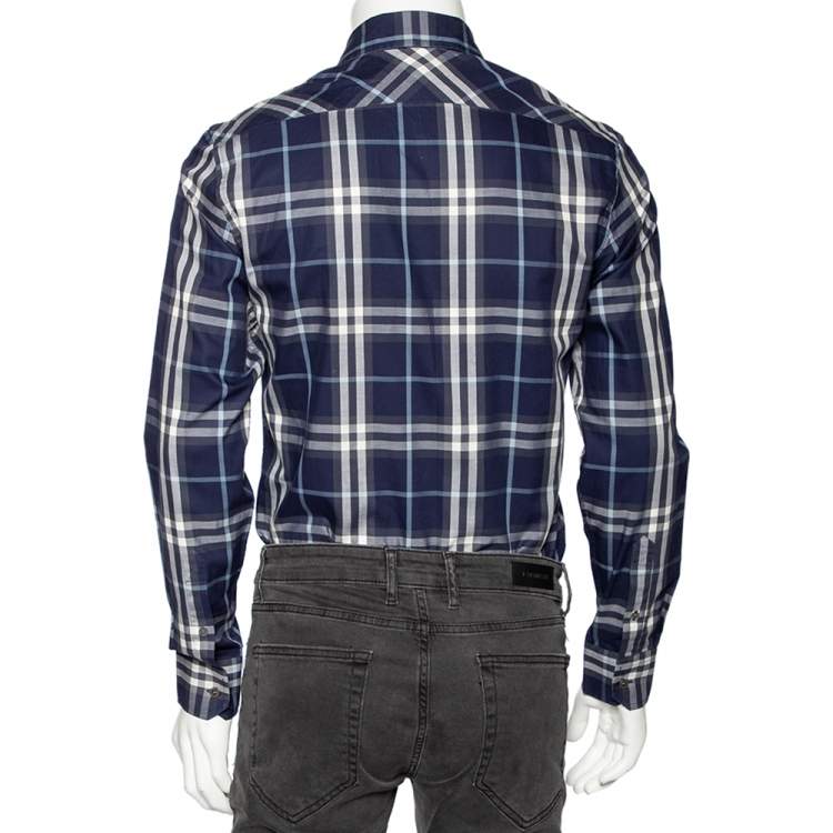 Pre Owned Burberry Navy Blue Checkered Cotton Button Front Shirt S