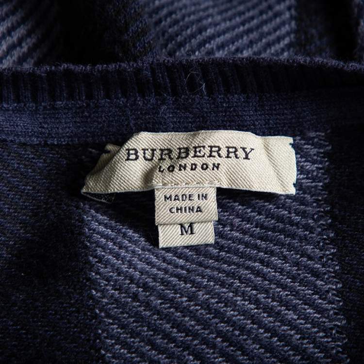 Pre Owned Burberry Navy Blue Checkered Cotton Knit Crewneck Sweater M