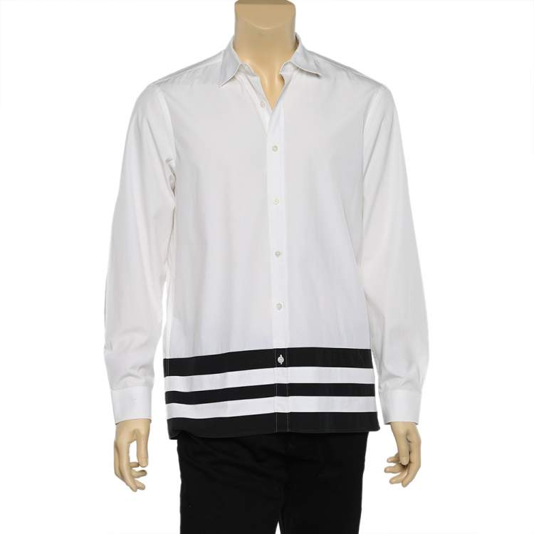 Pre Owned Burberry White Cotton Striped Hem Detail Button Front Shirt L