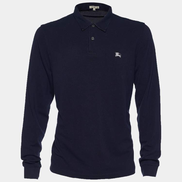 Burberry London Navy Blue Pique Cotton Long Sleeve Polo T Shirt XL Burberry The Luxury Closet