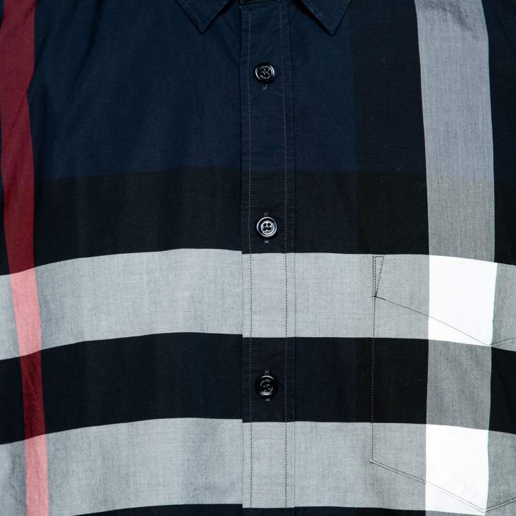 Pre Owned Burberry Navy Blue Checked Cotton Short Sleeve Shirt XXL
