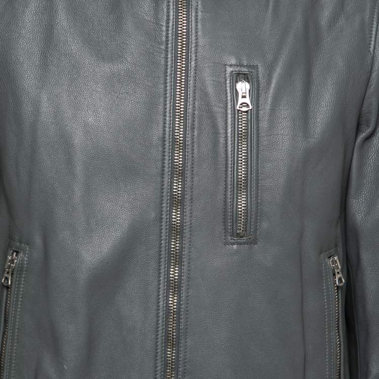 Pre Owned Burberry Grey Leather Zip Front Long Sleeve Jacket XL