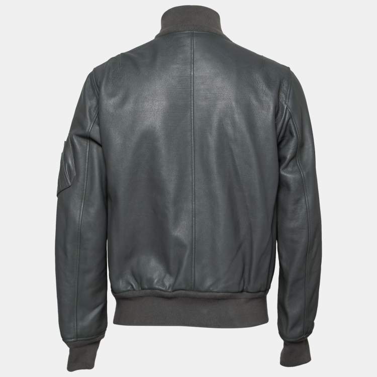 Pre Owned Burberry Grey Leather Zip Front Long Sleeve Jacket XL