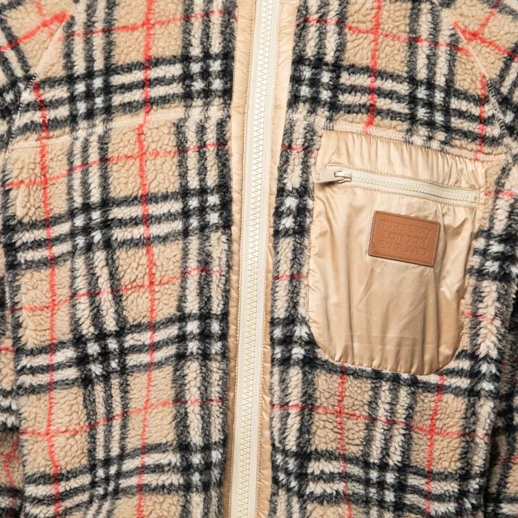 Pre Owned Burberry Beige Vintage Check Fleece Zip Front Jacket XL