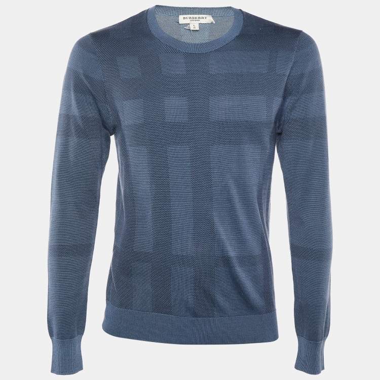 Burberry Navy Blue Elmshurst Check Silk Knit Crewneck Sweater L Burberry The Luxury Closet