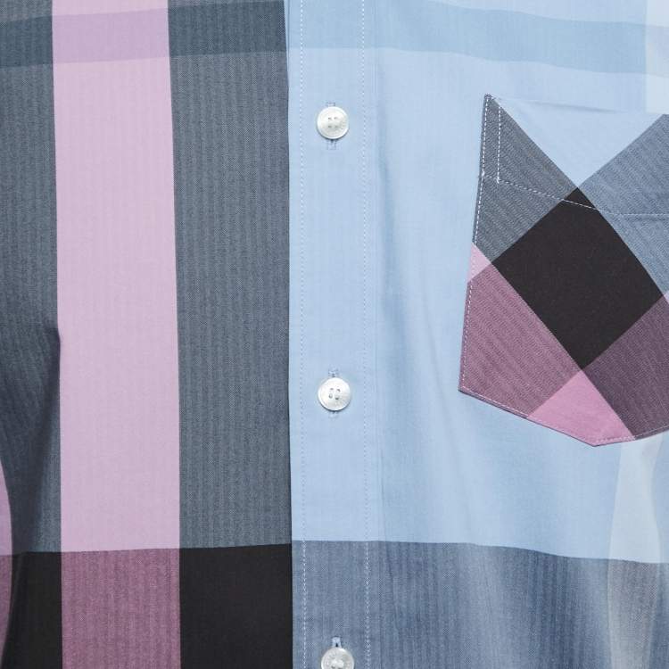 Pre Owned Burberry Blue/Purple Checkered Stretch Cotton Blend Full Sleeve Shirt L