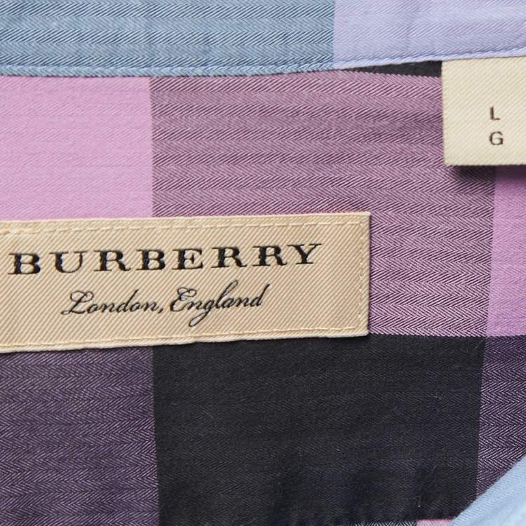 Pre Owned Burberry Blue/Purple Checkered Stretch Cotton Blend Full Sleeve Shirt L