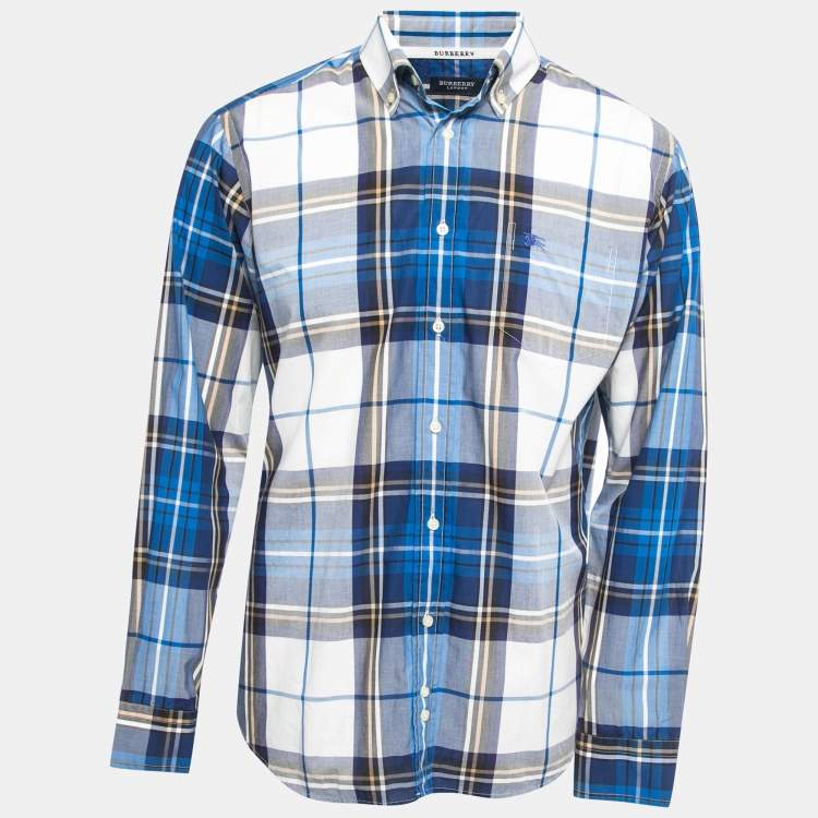 Pre Owned Burberry Blue Plaid Cotton Button Front Full Sleeve Shirt L