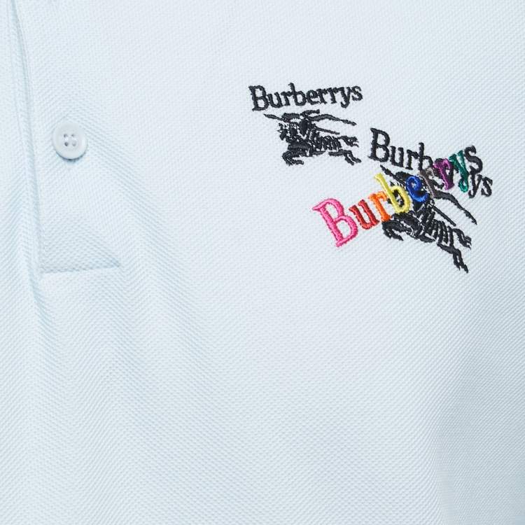 Pre Owned Burberry Light Blue Logo Embroidered Cotton Pique Polo T-Shirt M