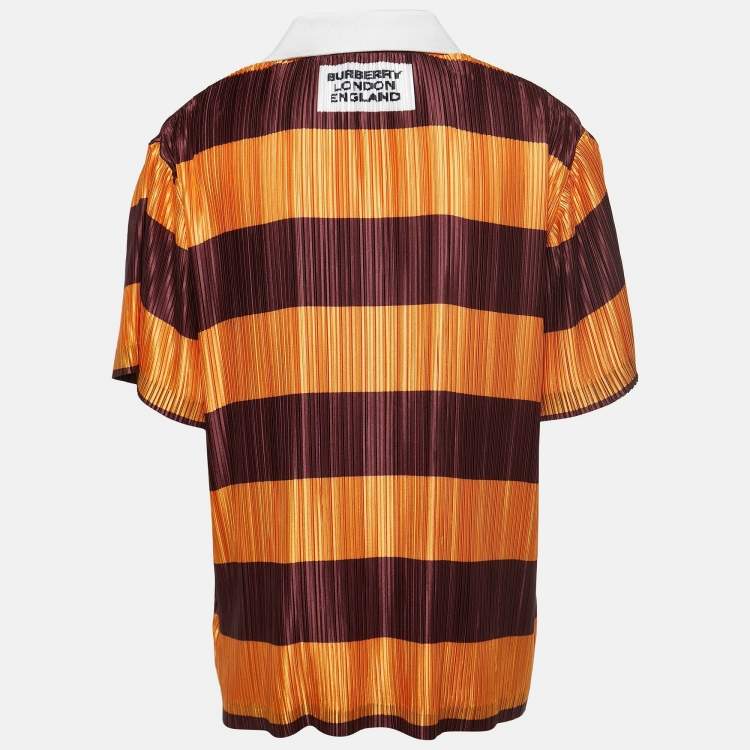 Pre Owned Burberry Brown/Orange Striped Plisse Pleated Polo T-Shirt M