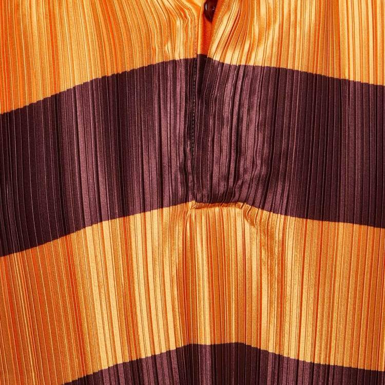 Pre Owned Burberry Brown/Orange Striped Plisse Pleated Polo T-Shirt M