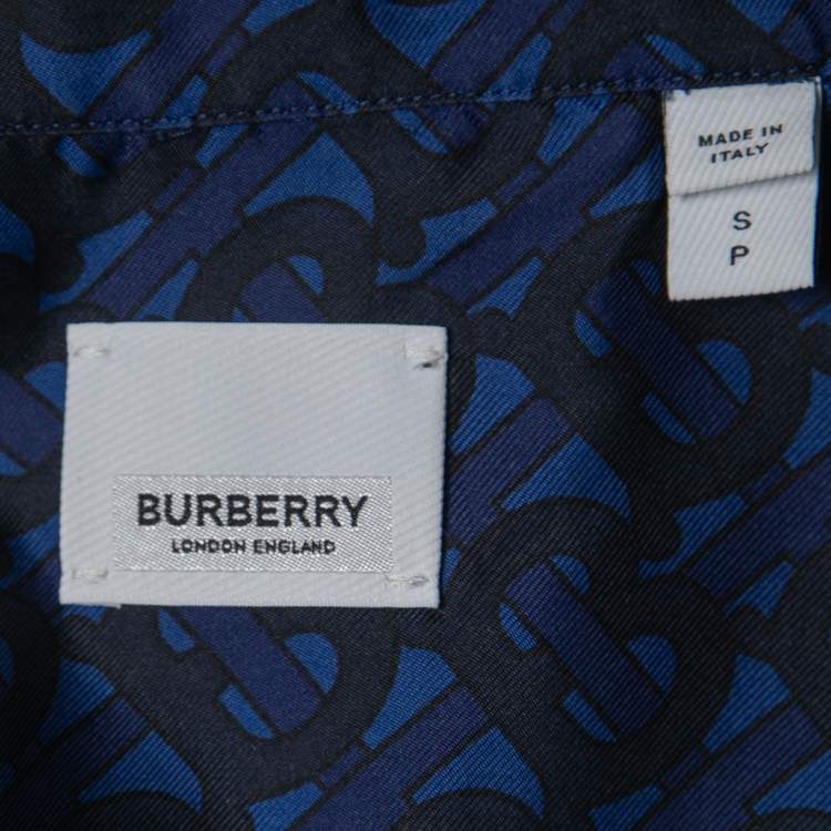 Pre Owned Burberry Blue Monogram Printed Silk Bowling Shirt S