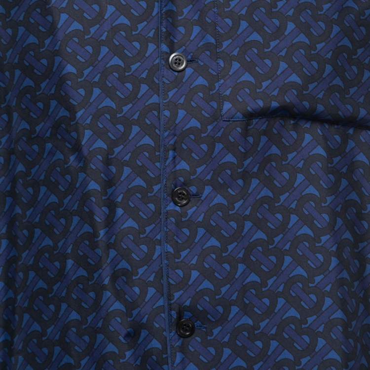 Pre Owned Burberry Blue Monogram Printed Silk Bowling Shirt S