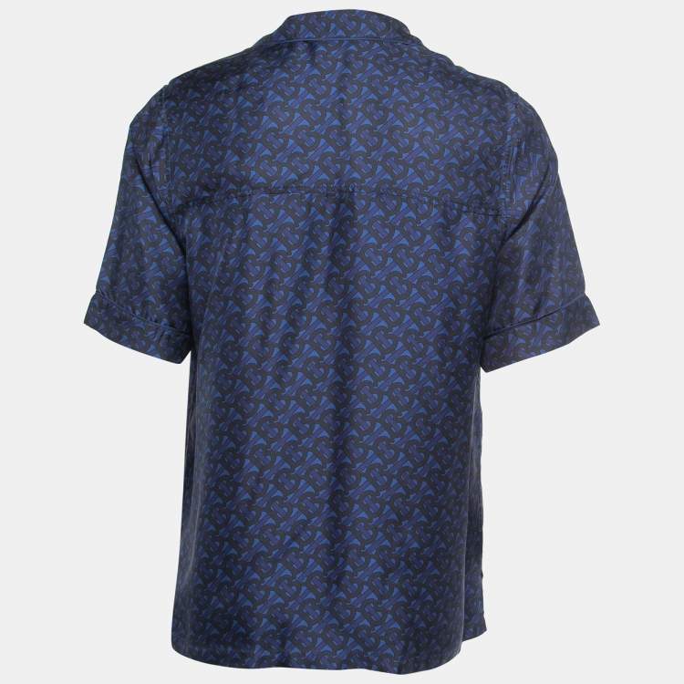 Pre Owned Burberry Blue Monogram Printed Silk Bowling Shirt S