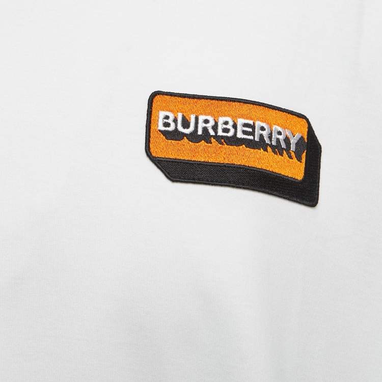 Pre Owned Burberry White Cotton Logo Applique T-Shirt L