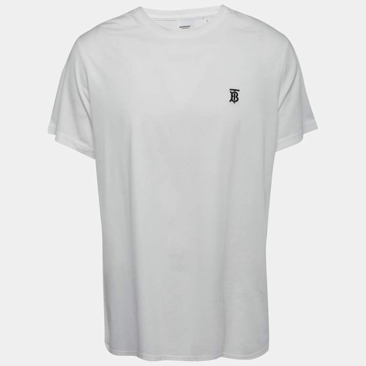 Pre Owned Burberry White Logo Embroidered Cotton Crew Neck Short Sleeve T-Shirt XL